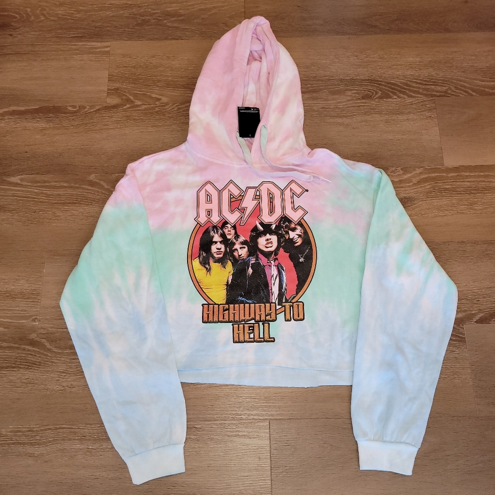 ACDC High Way to Hell Sweater Womens Large Long Sleeve Tie Dye Crop Hoodie New
